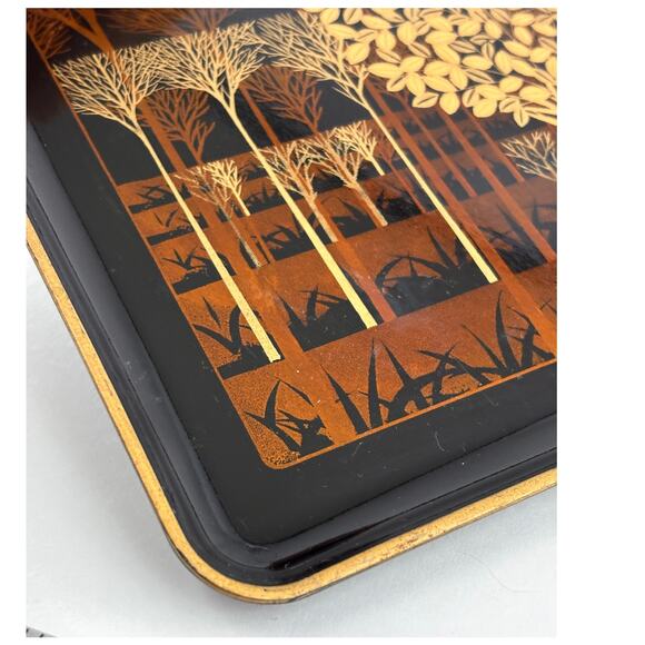 VTG Lacquerware Serving Tray Otagiri Original Japan Gold Gilt Tree Forest 14" - Picture 10 of 13